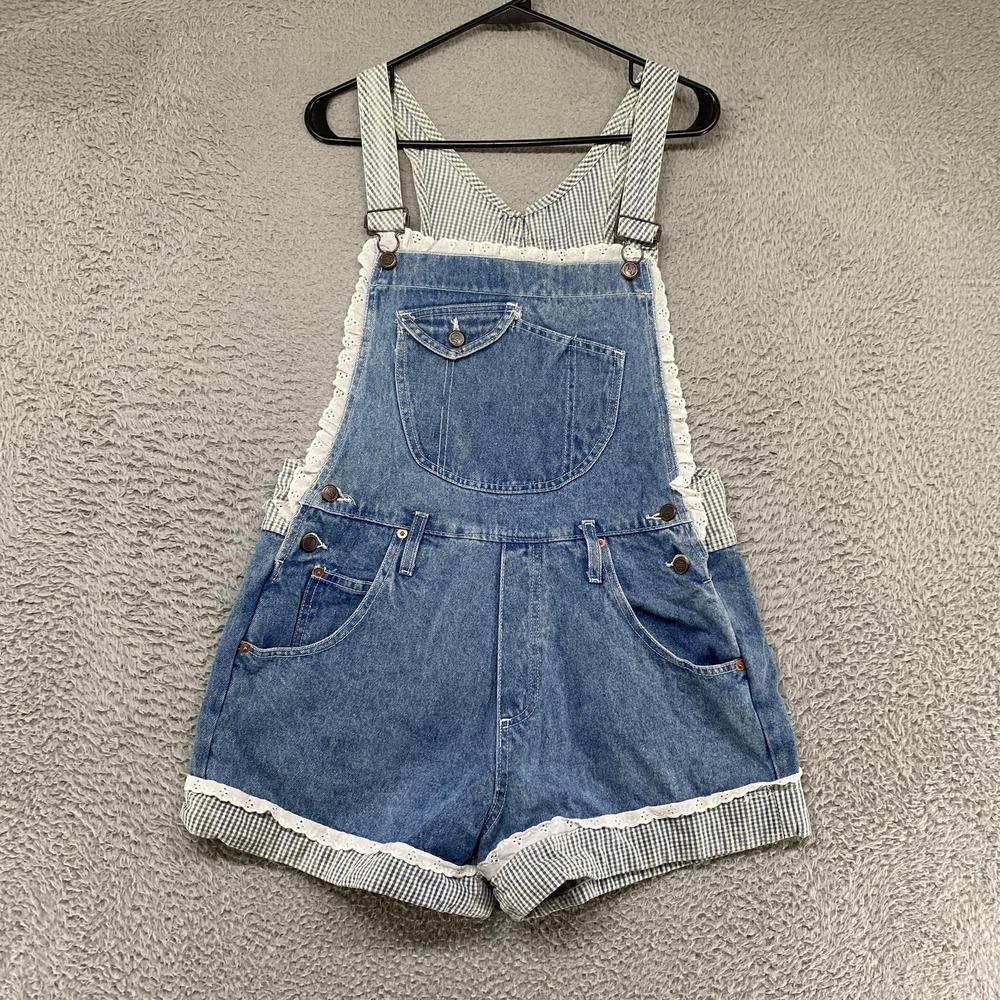 Vintage LEI Denim Overalls Womens Medium Blue Gingham Eyelet Shortalls USA